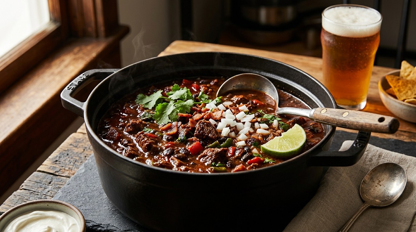 Steakhouse & Smoke High-Protein Texas Beef Chili in a matte black cast-iron Dutch oven